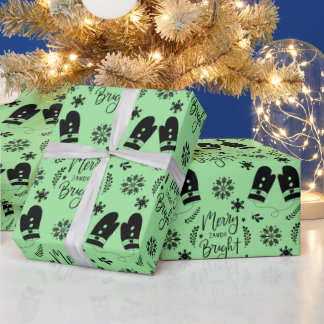 Simple Christmas Green Merry & Bright Mittens Wrapping Paper