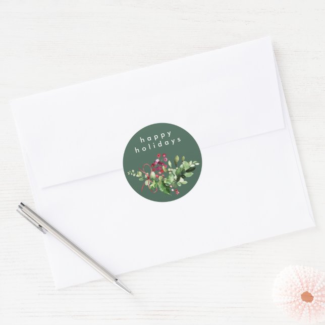 Simple Christmas Happy Holidays Dark Green Classic Round Sticker (Envelope)