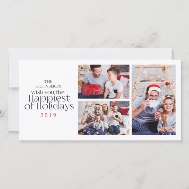 Simple Christmas Holiday White 3 Frame Photo card (Front)