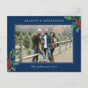 Simple Christmas Holly Berry Custom Photo Blue Holiday Postcard