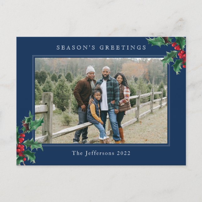 Simple Christmas Holly Berry Custom Photo Blue Holiday Postcard (Front)
