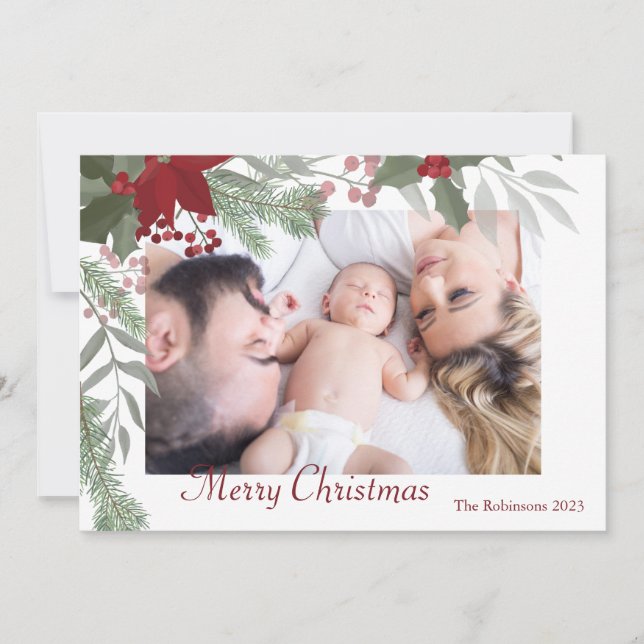 Simple Christmas Holly Botanical Greenery Photo Holiday Card (Front)