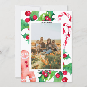 Simple Christmas Holly Candy Cane Greeting Photo Holiday Card