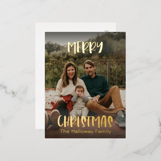 Simple Christmas | Modern Full Photo Gold Foil Holiday Postcard (Front/Back)