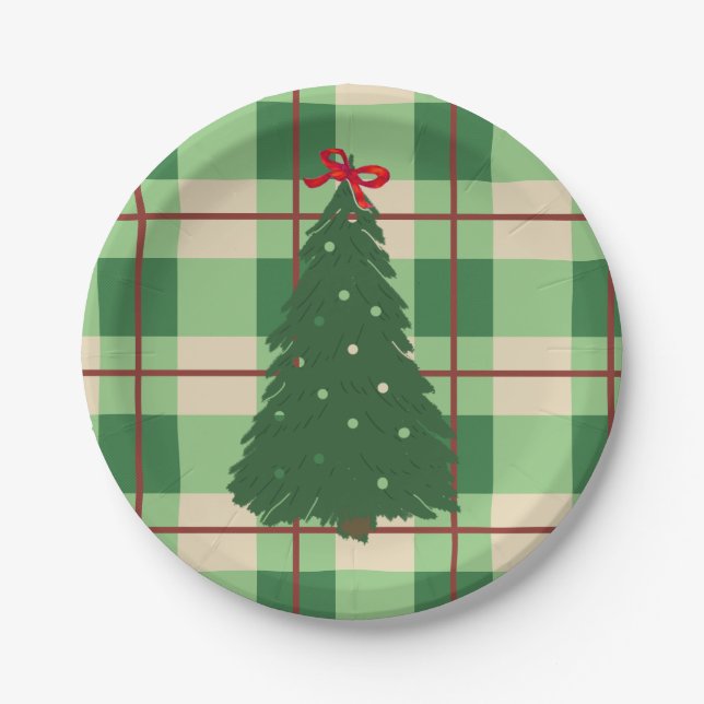 Simple Christmas Plaid Red And Green Fir Tree  Paper Plate (Front)