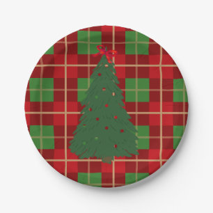 Simple Christmas Plaid Red And Green Fir Tree   Paper Plate