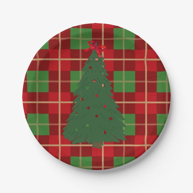 Simple Christmas Plaid Red And Green Fir Tree   Paper Plate (Front)