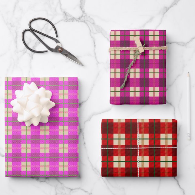 Simple Christmas Plaid Red And Pink Chequered Wrapping Paper Sheet (Front)