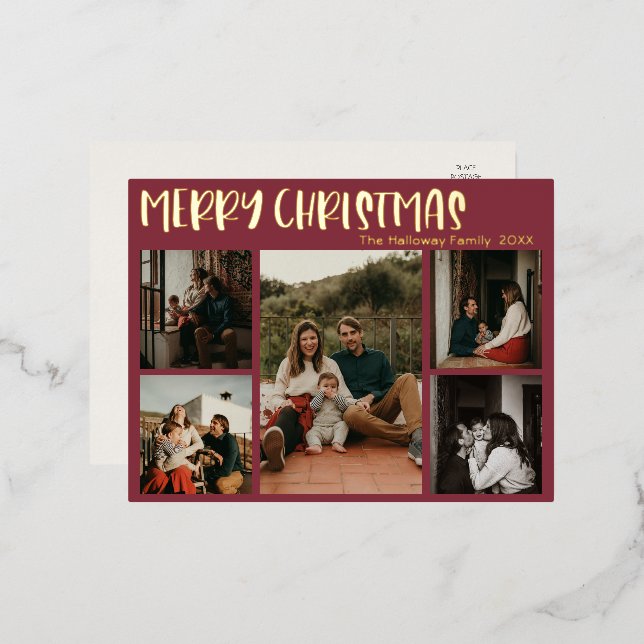 Simple Christmas Red Five Photo Gold Foil Holiday Postcard (Front/Back)