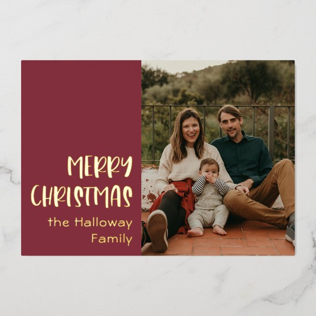 Simple Christmas | Red Single Photo Gold Foil Holiday Card (Front)
