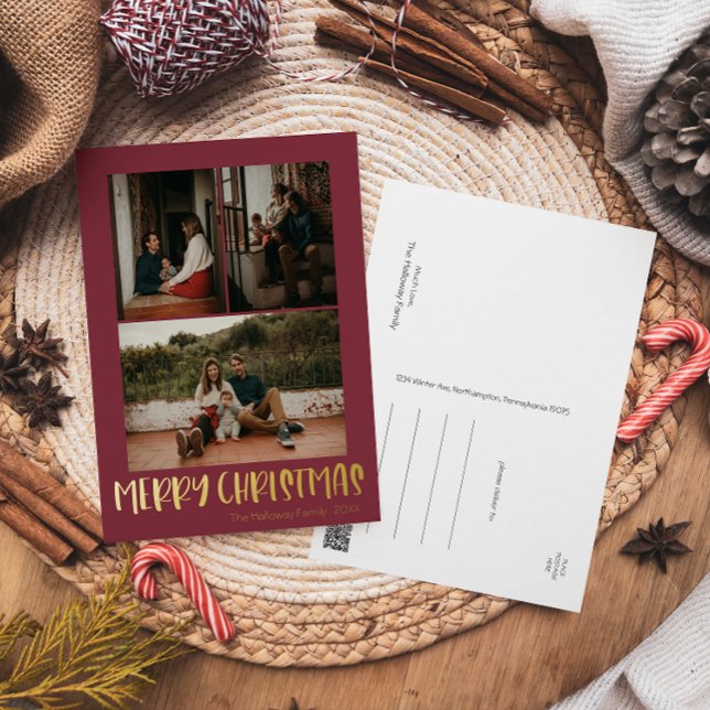 Simple Christmas Red Vertical 3 Photo | Gold Foil Holiday Postcard (Creator Uploaded)