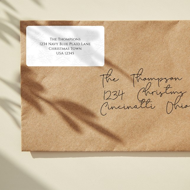 Simple Christmas Return Address Custom  Label (Simple White and silver return address label with silver snowflake design)