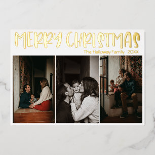 Simple Christmas Three Photo   Gold Foil Holiday Card