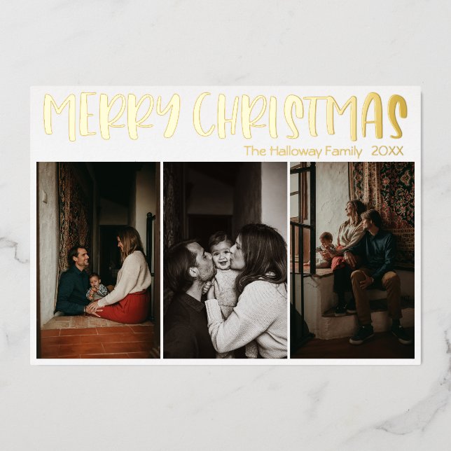 Simple Christmas Three Photo | Gold Foil Holiday Card (Front)