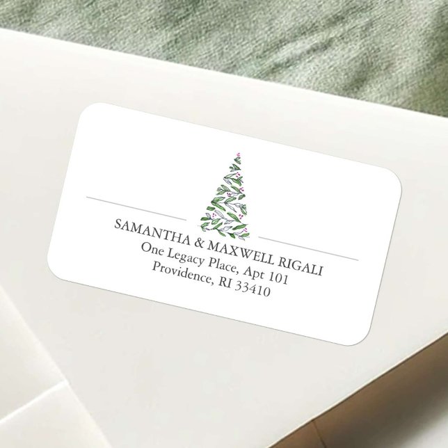 Simple Christmas Tree Address Labels (Christmas tree return address labels Scandinavian watercolor art Victoria Grigaliunas DoTellABelle)