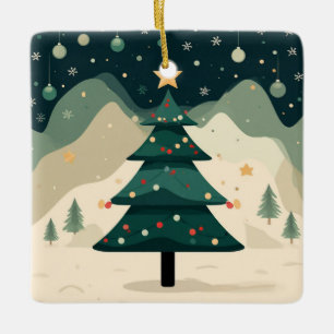Simple Christmas Tree In Snowy Mountain Landscape Ceramic Ornament
