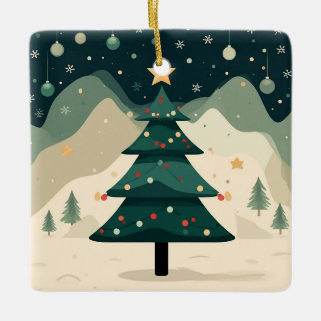 Simple Christmas Tree In Snowy Mountain Landscape Ceramic Ornament (Front)