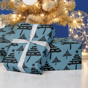 Simple Christmas Tree Pattern Blue Black Holiday Wrapping Paper