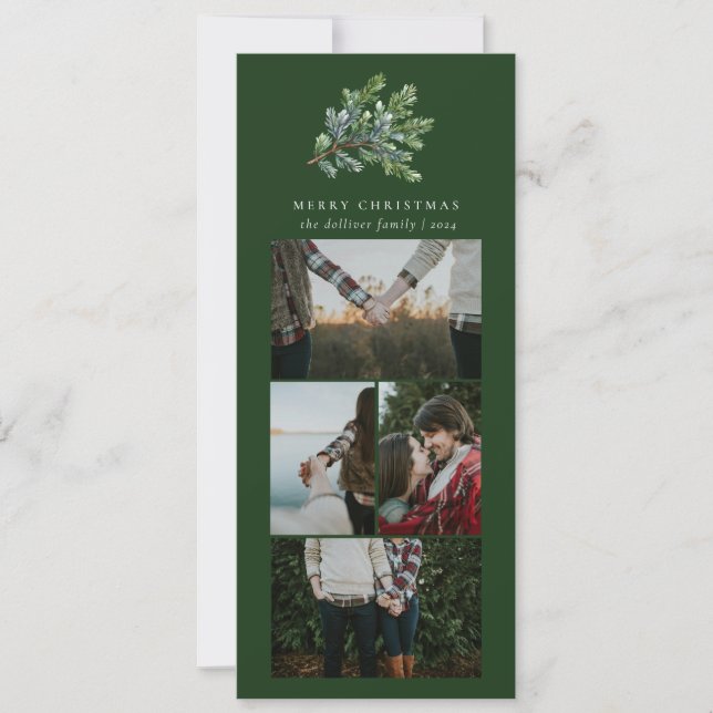 Simple Christmas Watercolor Floral Photo Collage Holiday Card (Front)