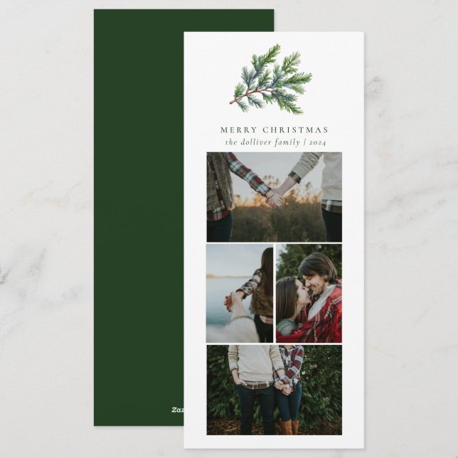 Simple Christmas Watercolor Floral Photo Collage Holiday Card (Front/Back)