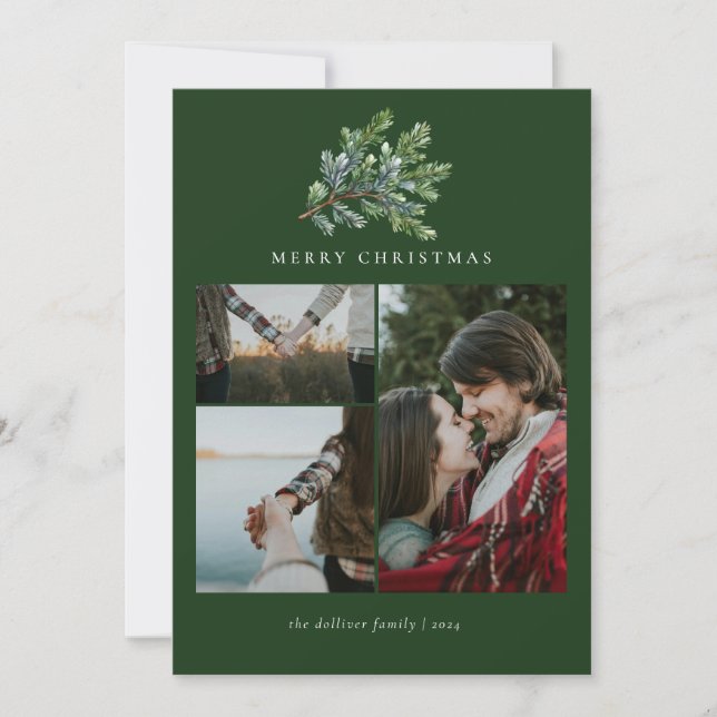 Simple Christmas Watercolor Floral Photo Collage Holiday Card (Front)