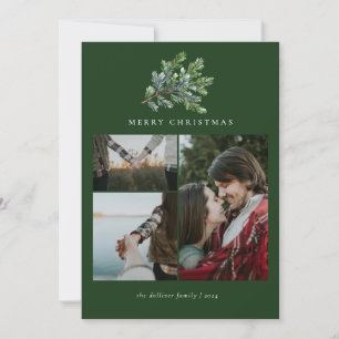 Simple Christmas Watercolor Floral Photo Collage Holiday Card