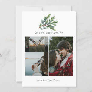Simple Christmas Watercolor Floral Photo Collage Holiday Card