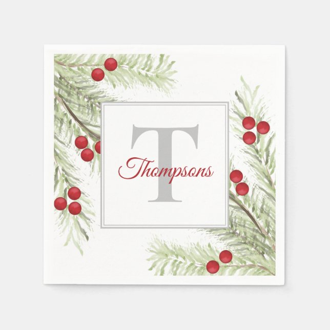 Simple Christmas Watercolor Greenery Holly Berries Napkin (Front)