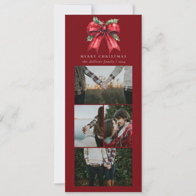Simple Christmas Watercolor Ribbon Photo Collage Holiday Card (Front)