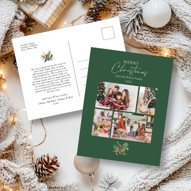 Simple Christmas Watercolour Foliage Photo Collage Holiday Postcard (Creator Uploaded)