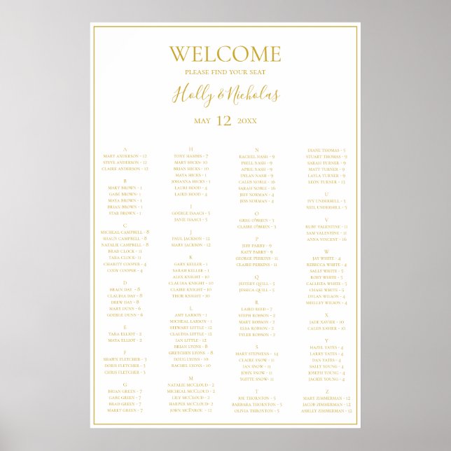 Simple Christmas White Alphabetical Seating Chart (Front)