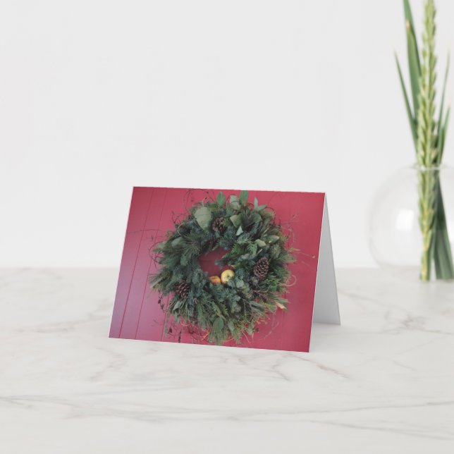 Simple Christmas Wreath on Red Wall Thank You Card (Front)
