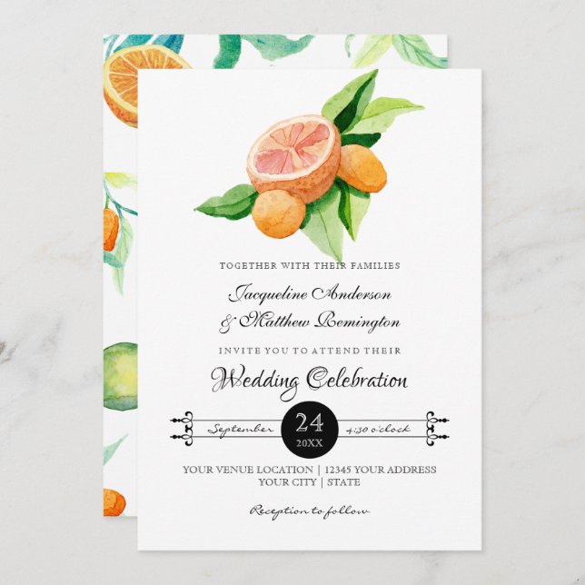 Simple Citrus Kumquat Lemon Orange Typography Leaf Invitation (Front/Back)