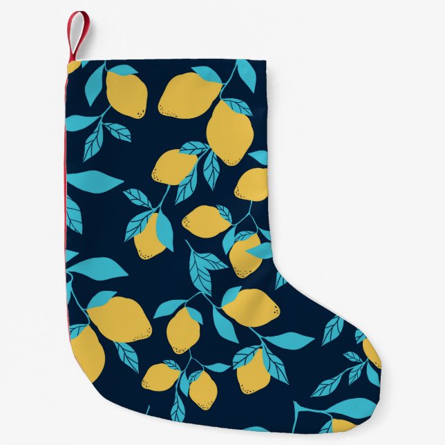 Simple citrus: lemons on blue. small christmas stocking (Front)