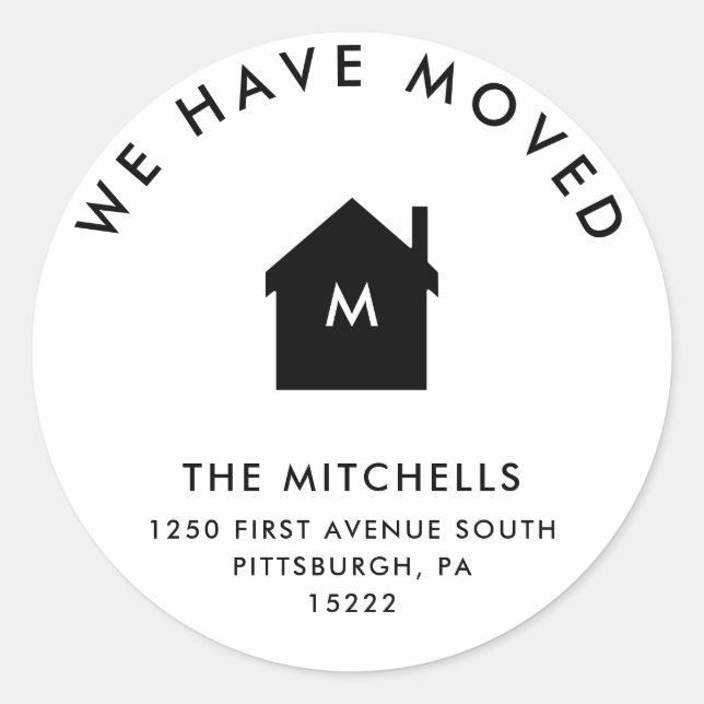 Simple Classic Black and White House | New Address Round Sticker (Front)