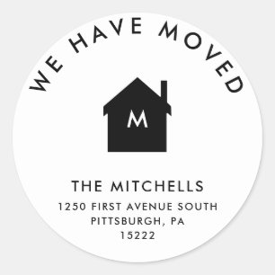 Simple Classic Black and White House   New Address Round Sticker