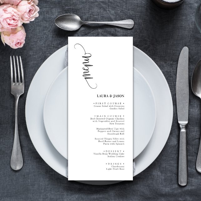 Simple Classic Black and White Wedding Menu Cards (Simple classic black and white wedding menu cards create a timeless, elegant place setting)