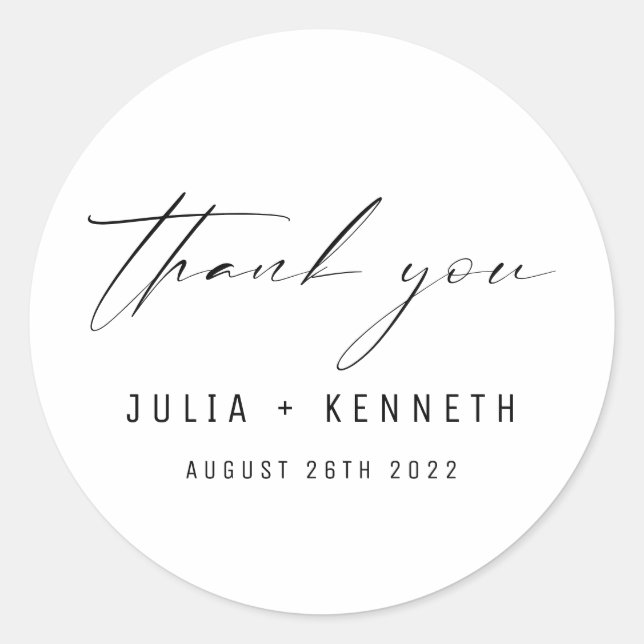 Simple Classic Black and White Wedding Thank You Round Sticker (Front)