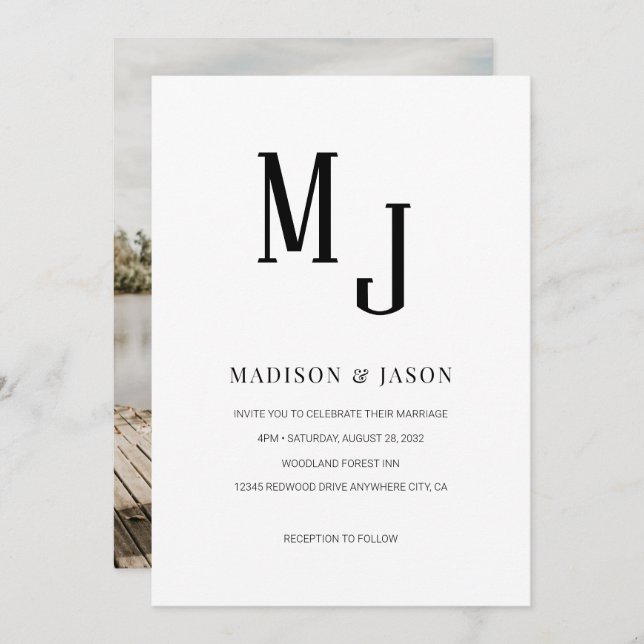 Simple Classic Black Roman Monogram Photo Wedding Invitation (Front/Back)