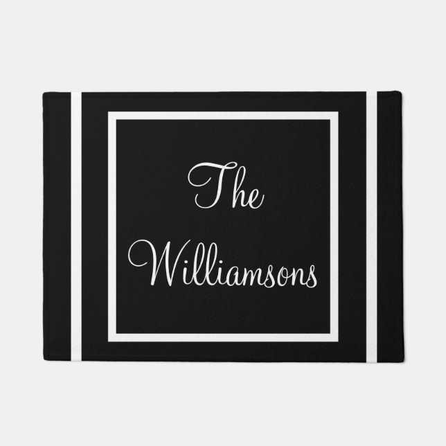 Simple Classic Black White Custom Family Name Doormat (Front)