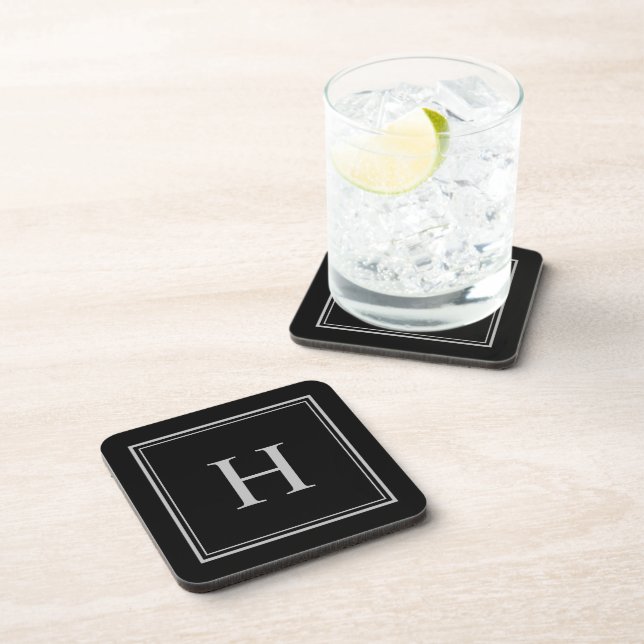 Simple Classic Black with Grey Monogram Coaster (Right Side)