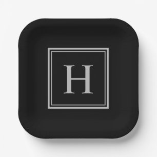 Simple Classic Black with Grey Monogram Paper Plate