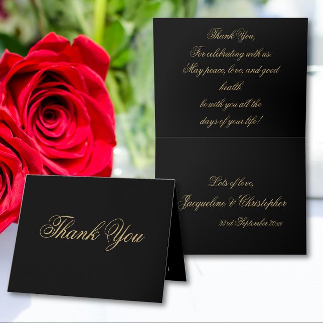 Simple Classic Chic Script Elegant Black And Gold Thank You Card (Simple, Elegant, Classic Chic Script - Black And Gold Thank You Card - inside and outside.)