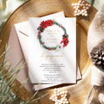 Simple Classic Christmas Engagement Party Invitation<br><div class="desc">This simple classic Christmas engagement party invitation features a clean, bright white backdrop with simple, minimalist black and gold lettering and handwritten calligraphy accents. Embellishments of beautiful and classic green and red Christmas wreaths with delicate gold features create a perfect winter holiday aesthetic while maintaining a polished elegance for your...</div>