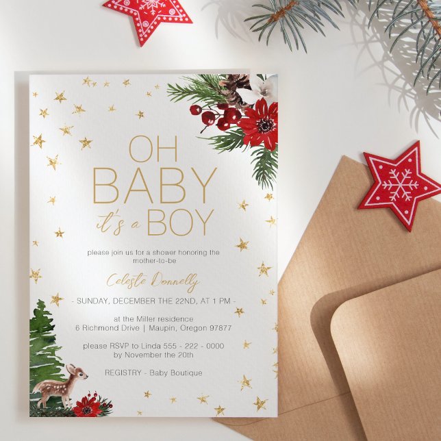 Simple Classic Christmas White Oh Baby Boy Shower Invitation (Creator Uploaded)