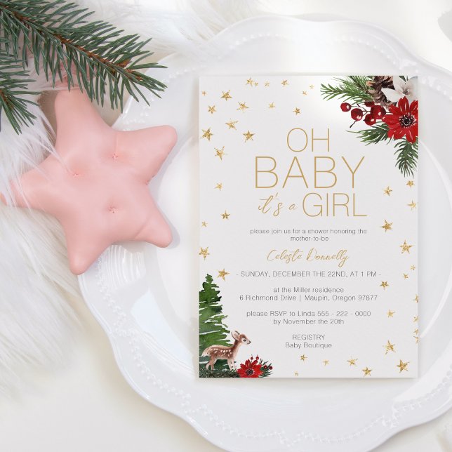 Simple Classic Christmas White Oh Baby Girl Shower Invitation (Creator Uploaded)