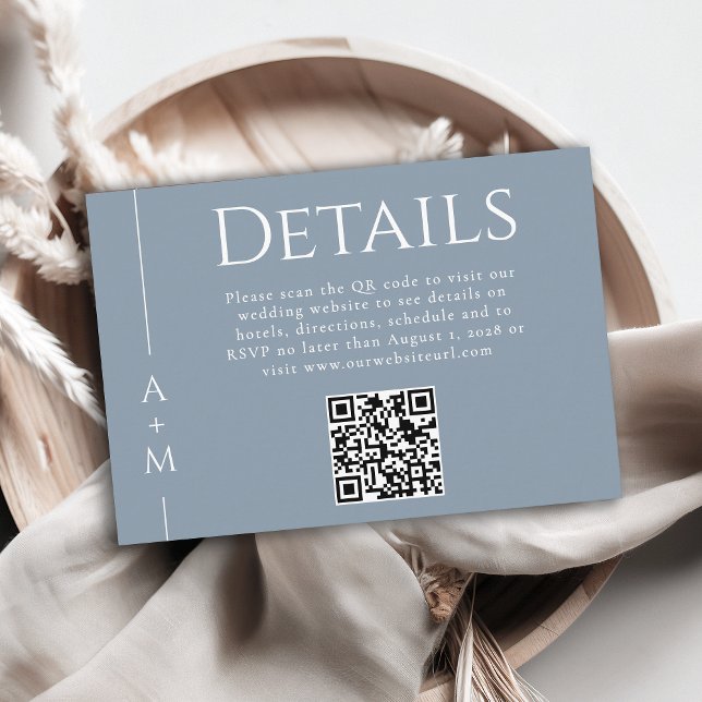 Simple Classic Dusty Blue Monogram Details QR code Enclosure Card (Creator Uploaded)