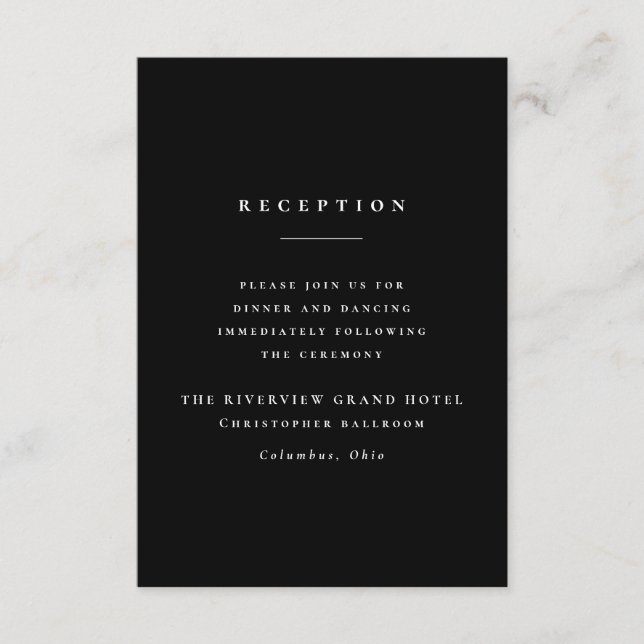 Simple classic elegant black wedding reception enclosure card (Front)