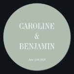 Simple Classic Elegant Dusty Sage Custom Wedding Round Sticker<br><div class="desc">Celebrate your big day with our Simple Stylish Classic Typography Wedding Stickers in Dusty Sage! These elegant, round stickers feature timeless typography in a trendy dusty sage colour, perfect for adding a sophisticated touch to your wedding stationery. Use them to seal envelopes, decorate favour boxes, or add a personal touch...</div>