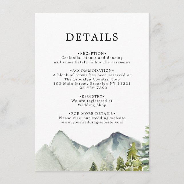 Simple Classic Forest Mountains Wedding Details Enclosure Card (Front)
